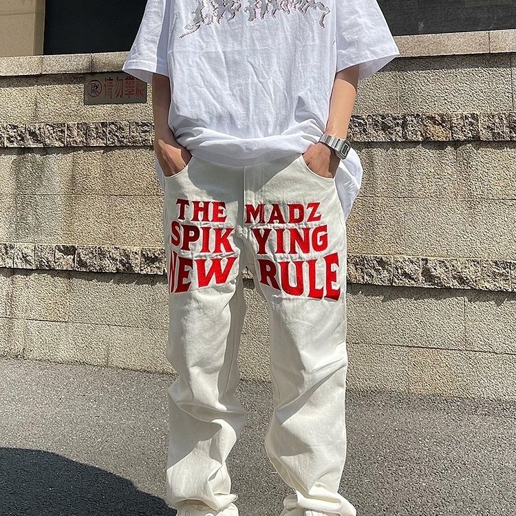 American Niche White Red Letter Printed Casual Pants Retro Trend Hip-hop Street Tooling Trousers Men's and Women's Fashion